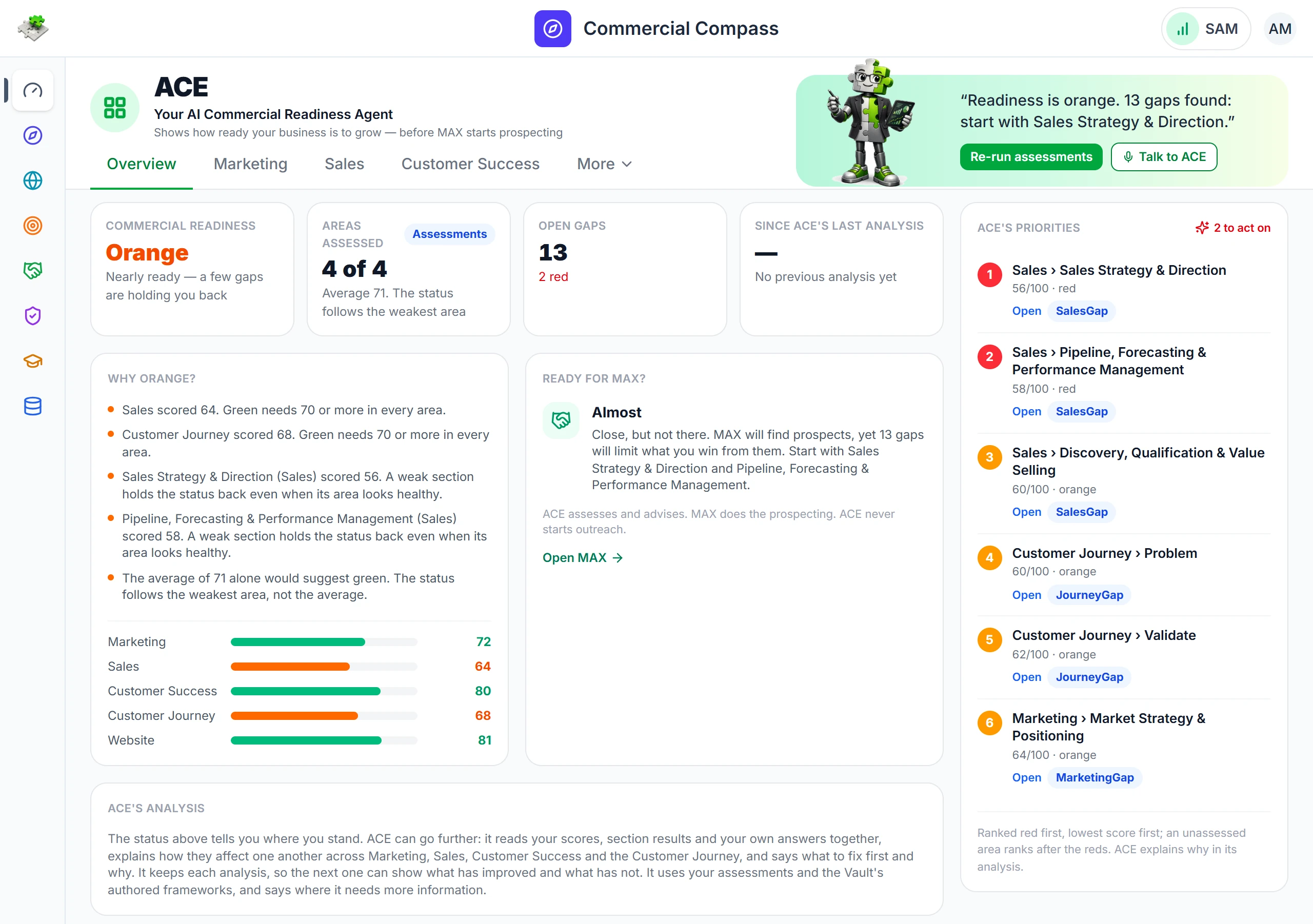ACE overview in the Salespuzzle demo: commercial readiness, why it is orange and ACE’s ranked priorities