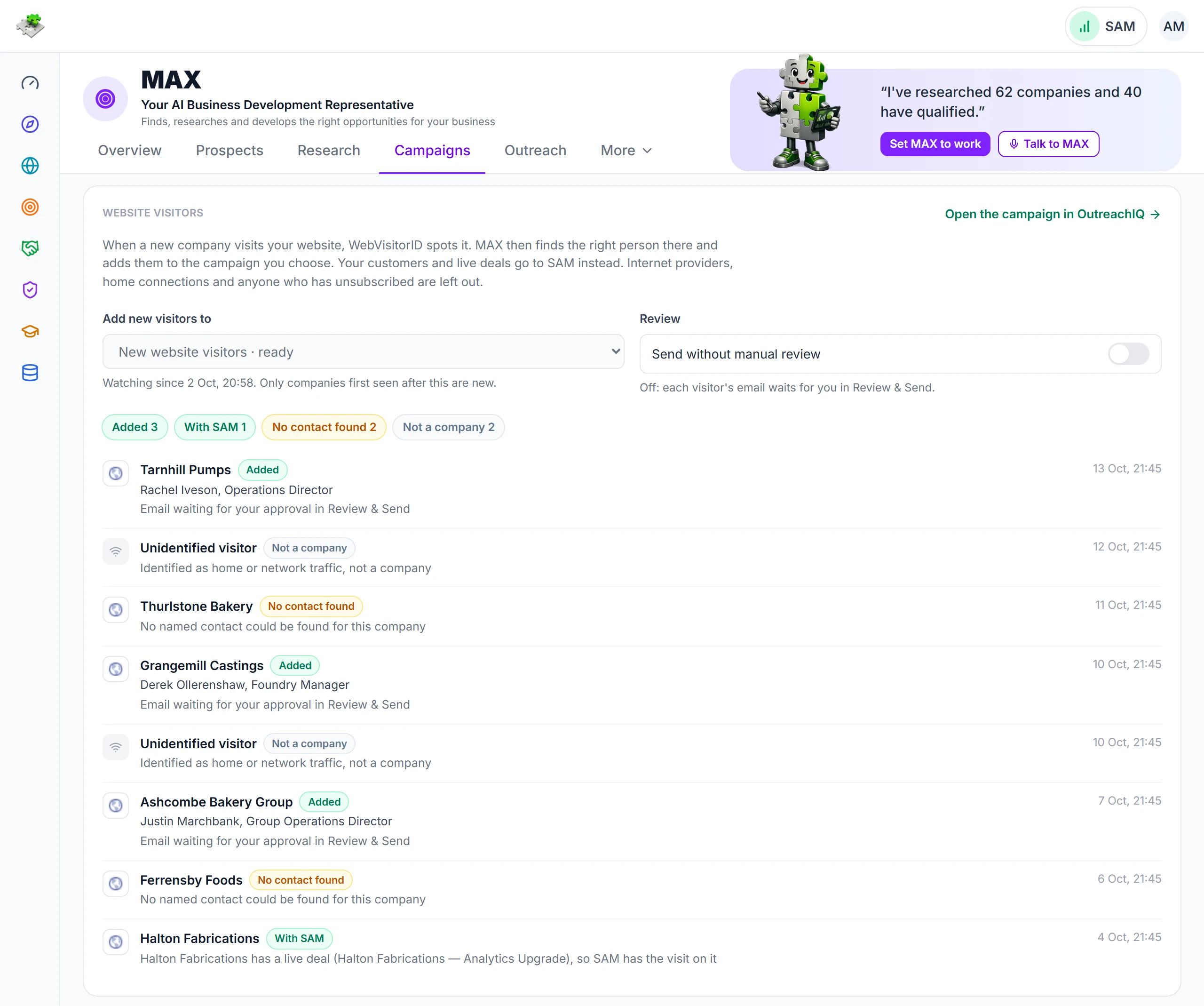MAX in the Salespuzzle demo: the Website visitors card, with companies added to a campaign, a visitor with a live deal handed to SAM, and the email approval setting